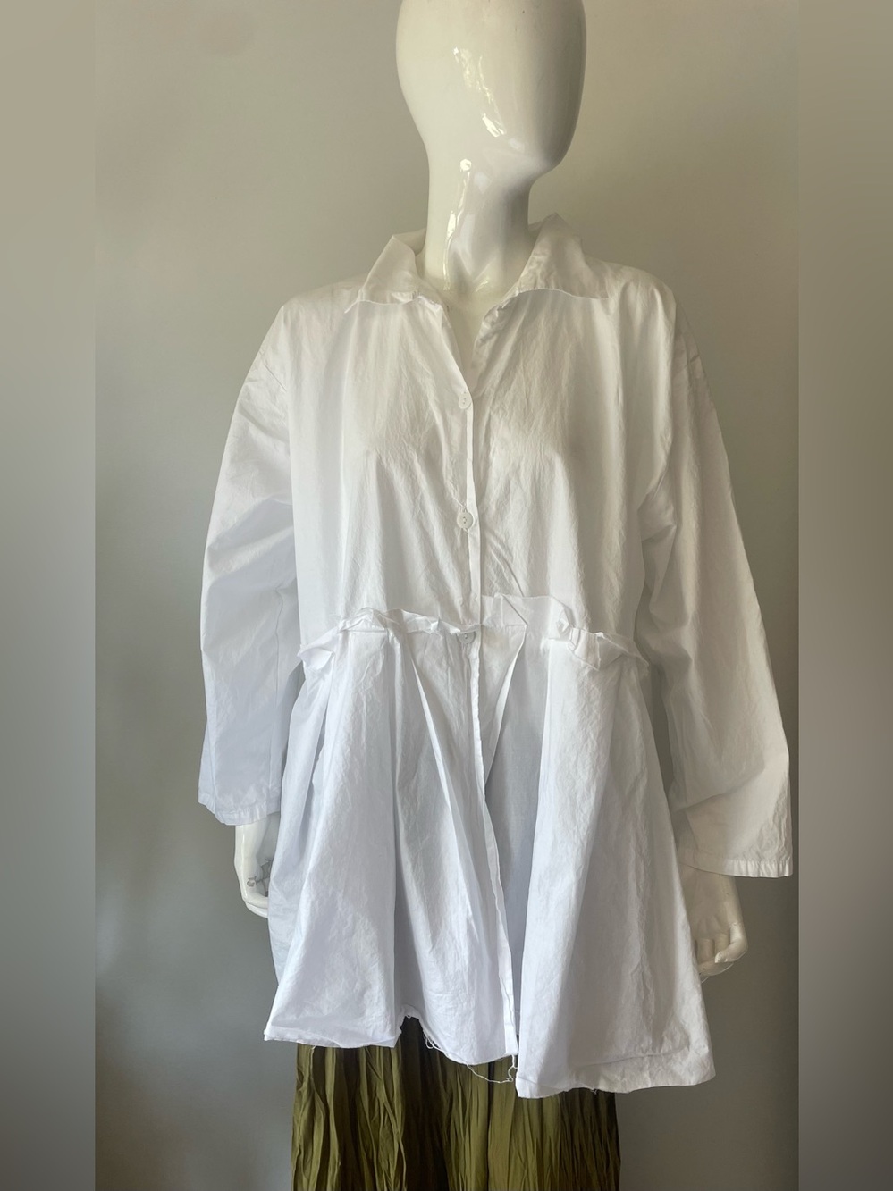 kaliyana Oversized White Poplin Ruffle Tunic Shirt